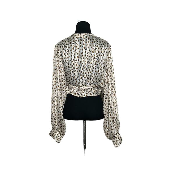 Saints & Hearts Cream brown print wrap front tie sleeves blouse size Medium - Picture 10 of 15